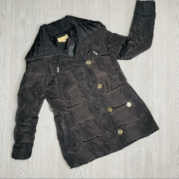 Michael Kors down feather long sleeve puffer jacket black gold buttons high coll - Picture 1 of 12